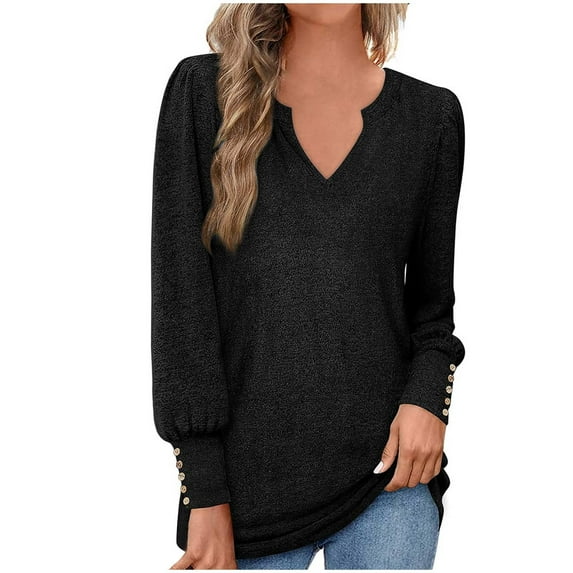 Patlollav Blouses Women Long Sleeve Solid Color Comfortable Breathable V-Neck Shirt Tops