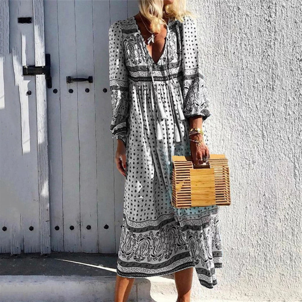 Bohemian Casual Loose V-Neck Floral Dress