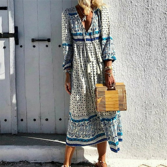 Patlollav Bohemian Dresses Women Fashion Casual Diurnal Boho V-Neck Floral Printed Holiday Long Dress