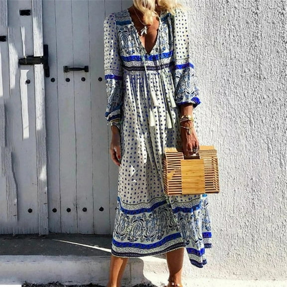 Patlollav Bohemian Dresses Women Fashion Casual Diurnal Boho V-Neck Floral Printed Holiday Long Dress
