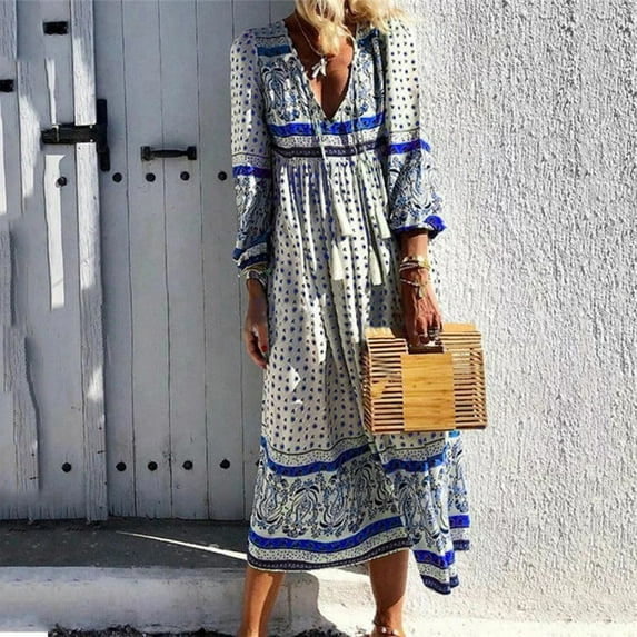 Patlollav Bohemian Dresses Women Fashion Casual Diurnal Boho V-Neck Floral Printed Holiday Long Dress