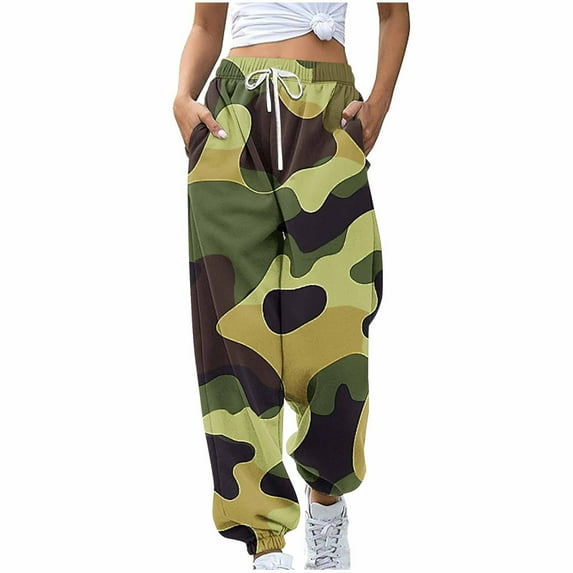 Patlollav Camouflage Pants for Women Fashion Printed Drawstring Pocket Bound Ankle Pants