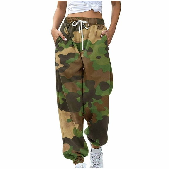 Patlollav Camouflage Pants for Women Fashion Printed Drawstring Pocket Bound Ankle Pants