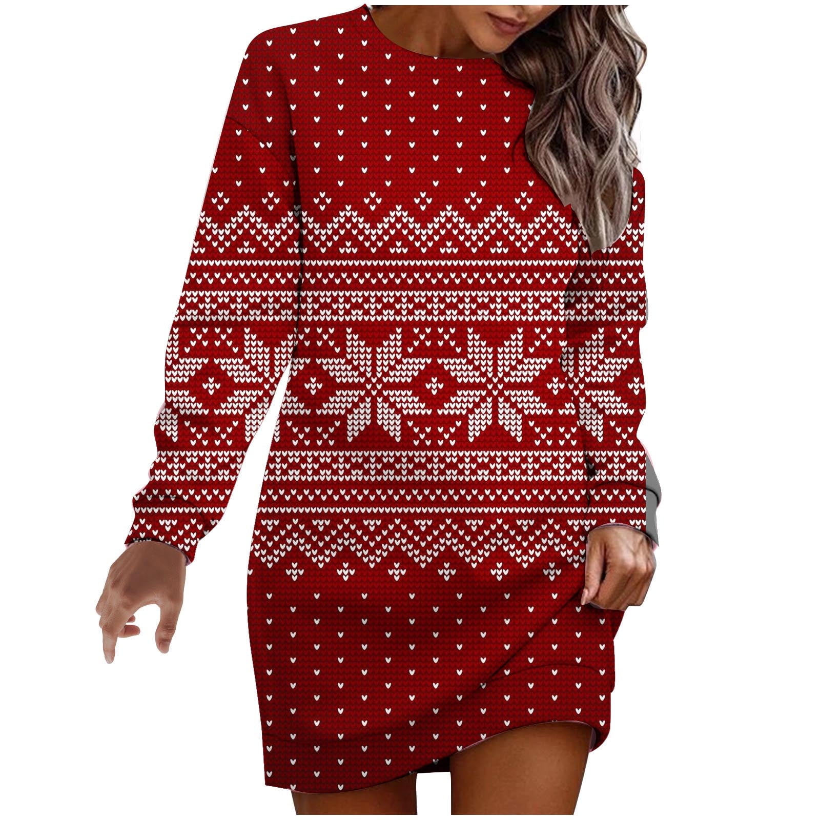 Christmas Print Round Neck Long Sleeve Dress