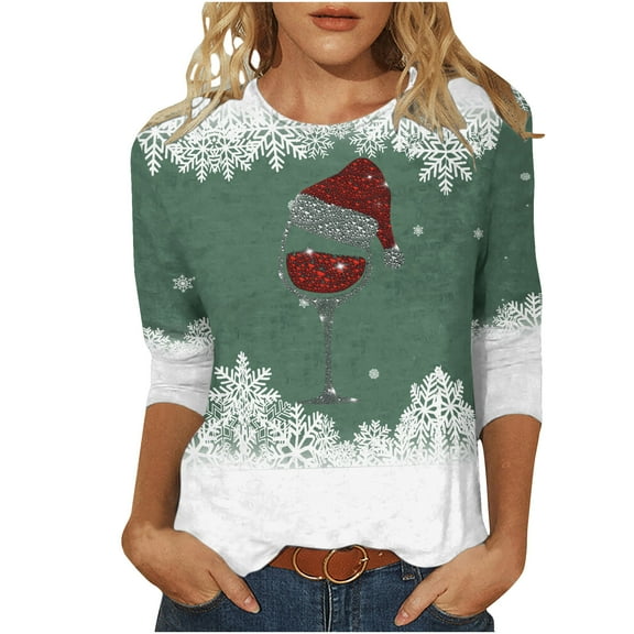 Patlollav Christmas Tops for Ladies,Women's Round Neck Three Quarter Sleeve Tops S-3Xl Gift