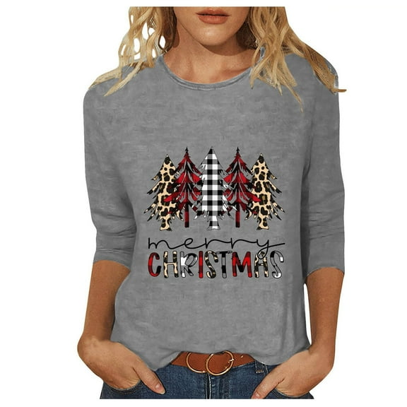 Patlollav Christmas Tops for Ladies,Womens Blouse 3/4 Sleeve Round Neck Casual Tops Gift