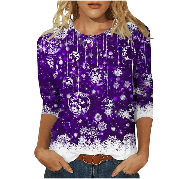 Patlollav Christmas Tops for Ladies,Womens Round Neck Three Quarter Sleeve Tops S-3Xl Gift