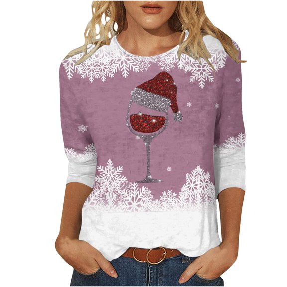 Patlollav Christmas Tops for Ladies,Womens Round Neck Three Quarter Sleeve Tops S-3Xl Gift
