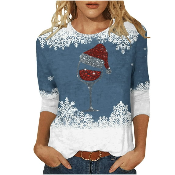 Patlollav Christmas Tops for Ladies,Womens Round Neck Three Quarter Sleeve Tops S-3Xl Gift