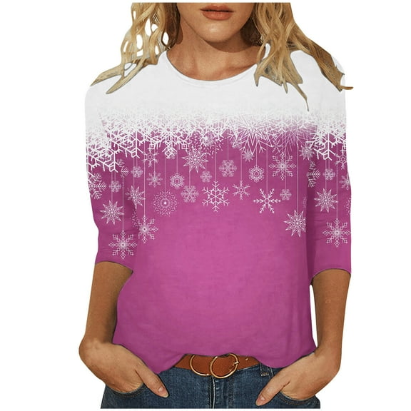 Patlollav Christmas Tops for Ladies,Womens Comfortable Blouse 3/4 Sleeve Casual T-Shirt Gift