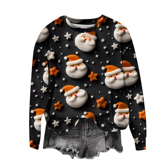 Patlollav Christmas Tops for Ladies,Womens Long Sleeve Tops Round Neck Loose Fitting Sweater Gift