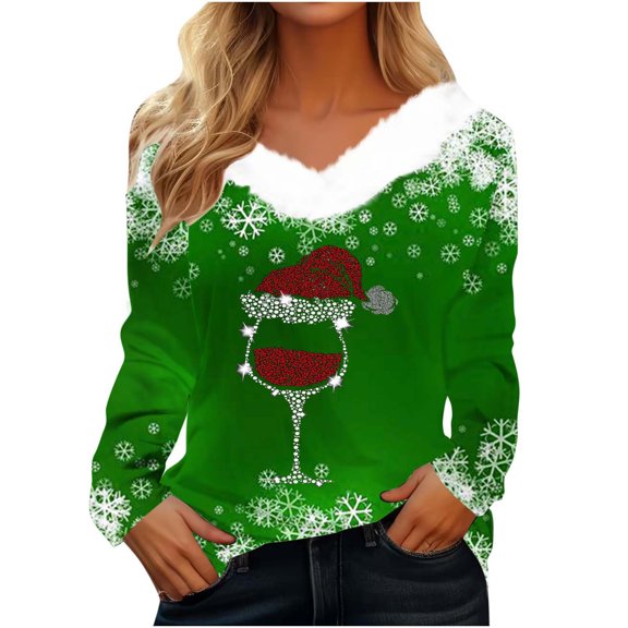 Patlollav Christmas Tops for Ladies,Womens Plush Tops Long Sleeve Slim Fitting Bottom T-Shirt Gift