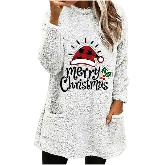 Patlollav Christmas Tops for Ladies,Womens Winter Tops Round-Neck Loose Pocket Warm Long Sleeve Blouse Gift