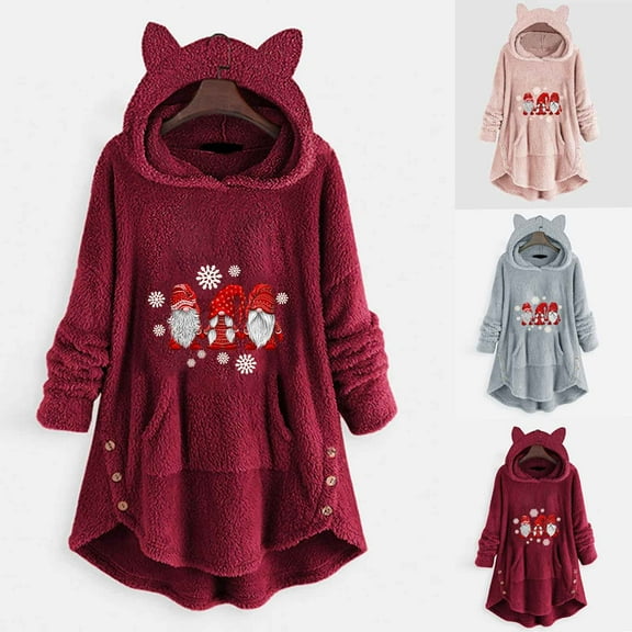 Patlollav Christmas Women Coats Plus Size Plush Buttons Long Sleeve Hooded Outwear Tops
