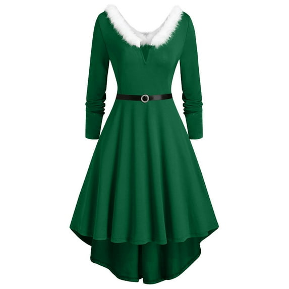 Patlollav Christmas Womens Plus Size Dresses Solid Long Sleeve Draw Back Swing Dress
