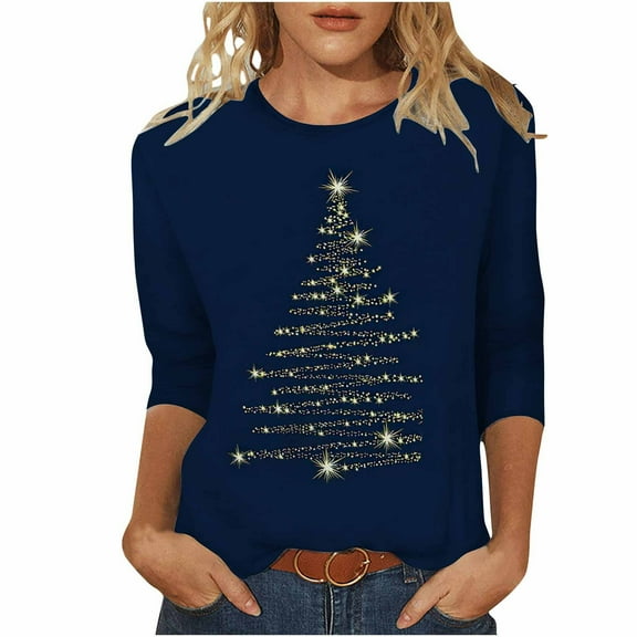 Patlollav Christmas Womens Winter Tops Loose T-Shirt Round Neck 3/4 Sleeves Blouse