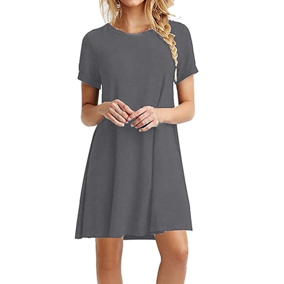 Patlollav $5 Dresses for Women Ladies Loose Casual Short Sleeve O-Neck Solid Mini Dress