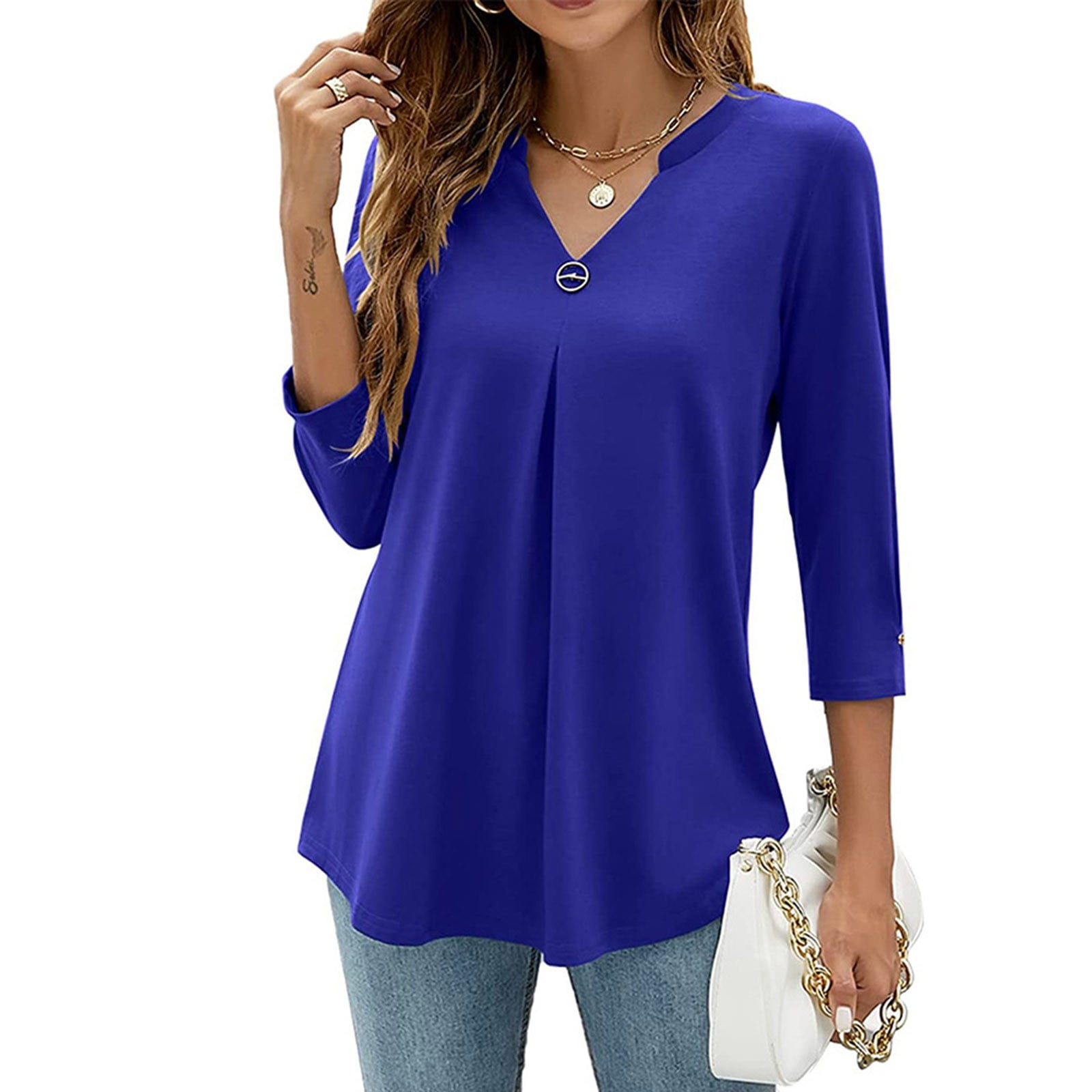 Patlollav Clearance Blouses Womens Casual V Neck 3 4 Sleeve Solid Waist T Shirt Tops Walmart