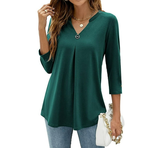 Patlollav Blouses Womens Casual V-Neck 3/4 Sleeve Solid Waist T-Shirt Tops