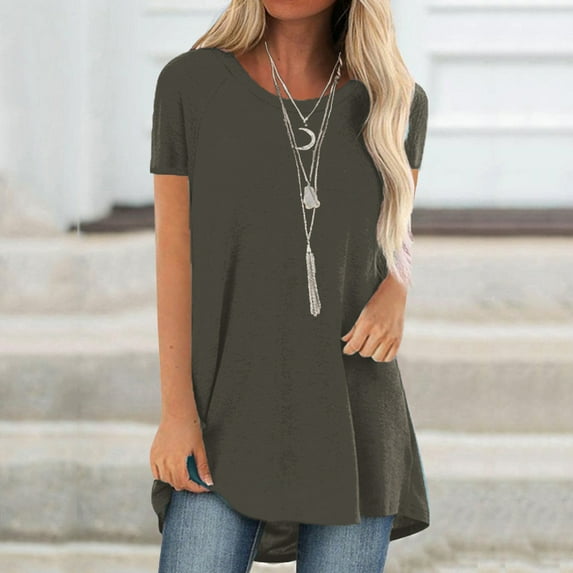 Patlollav Womens Fashion Plus Size Round Neck Short Sleeve Long T-Shirt Blouse