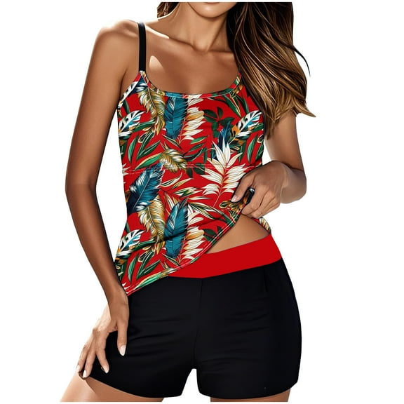 Patlollav Womens Fashion Printed High Waist Conservative Tankini Split Swimsuit