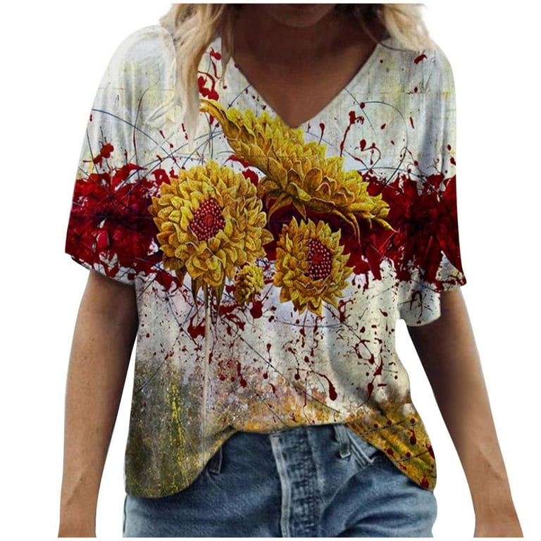 Patlollav Clearance Deals Womens Plus Size T-Shirt Scenic Flower Print  Round Neck Casual Tops 