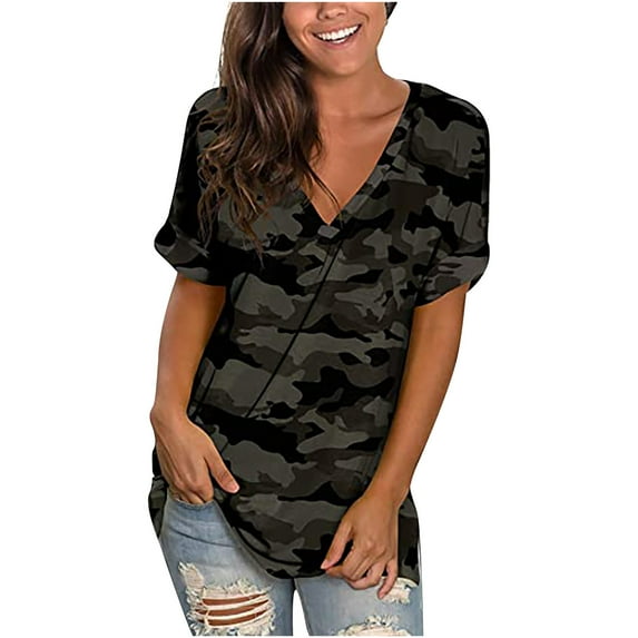 Patlollav Womens Summer T-Shirts Short Sleeve Tunic Strappy Print V-Neck Shoulder Tops