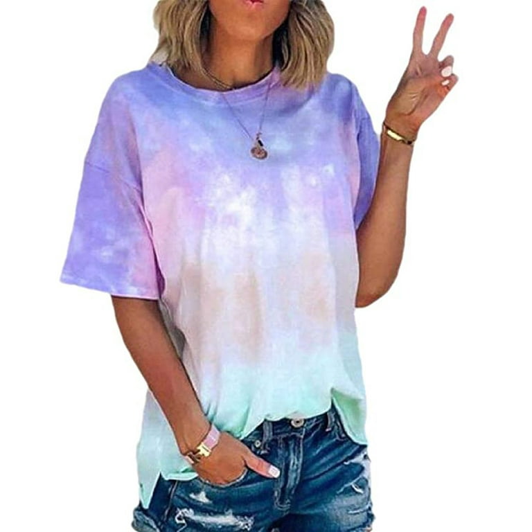 Patlollav Clearance Deals Womens Summer Tie-Dye Short Sleeve Crew-Neck  T-Shirt Casual Tee Tops S-5XL 
