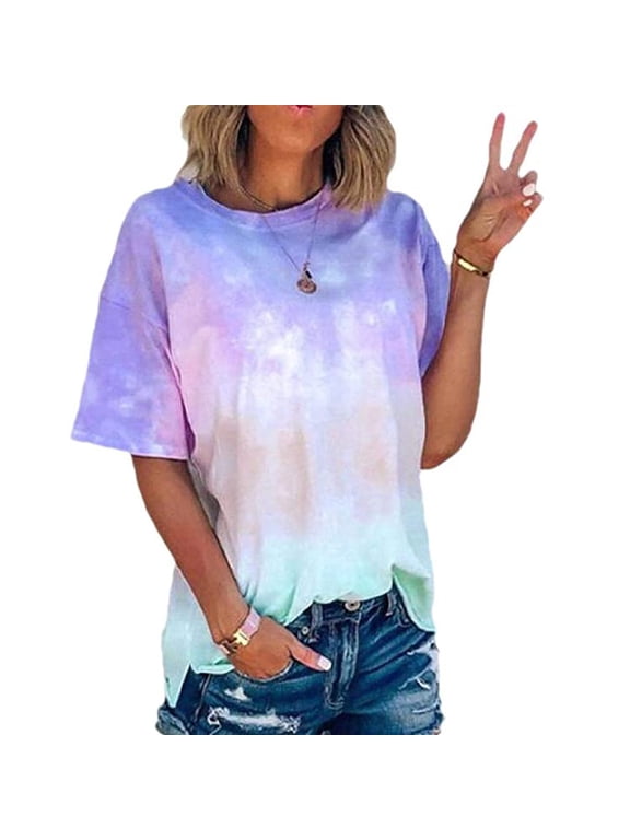Patlollav Womens Summer Tie-Dye Short Sleeve Crew-Neck T-Shirt Casual Tee Tops S-5XL