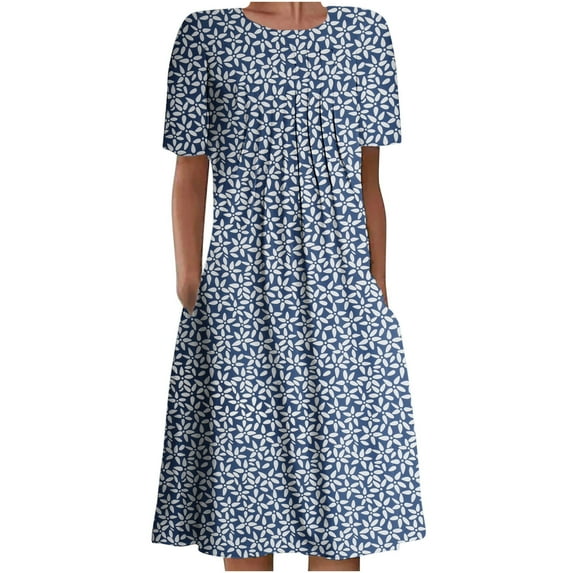 Patlollav Dresses for Women Summer Bohemian Print Short Sleeve Beach Dress Knee Length Dress