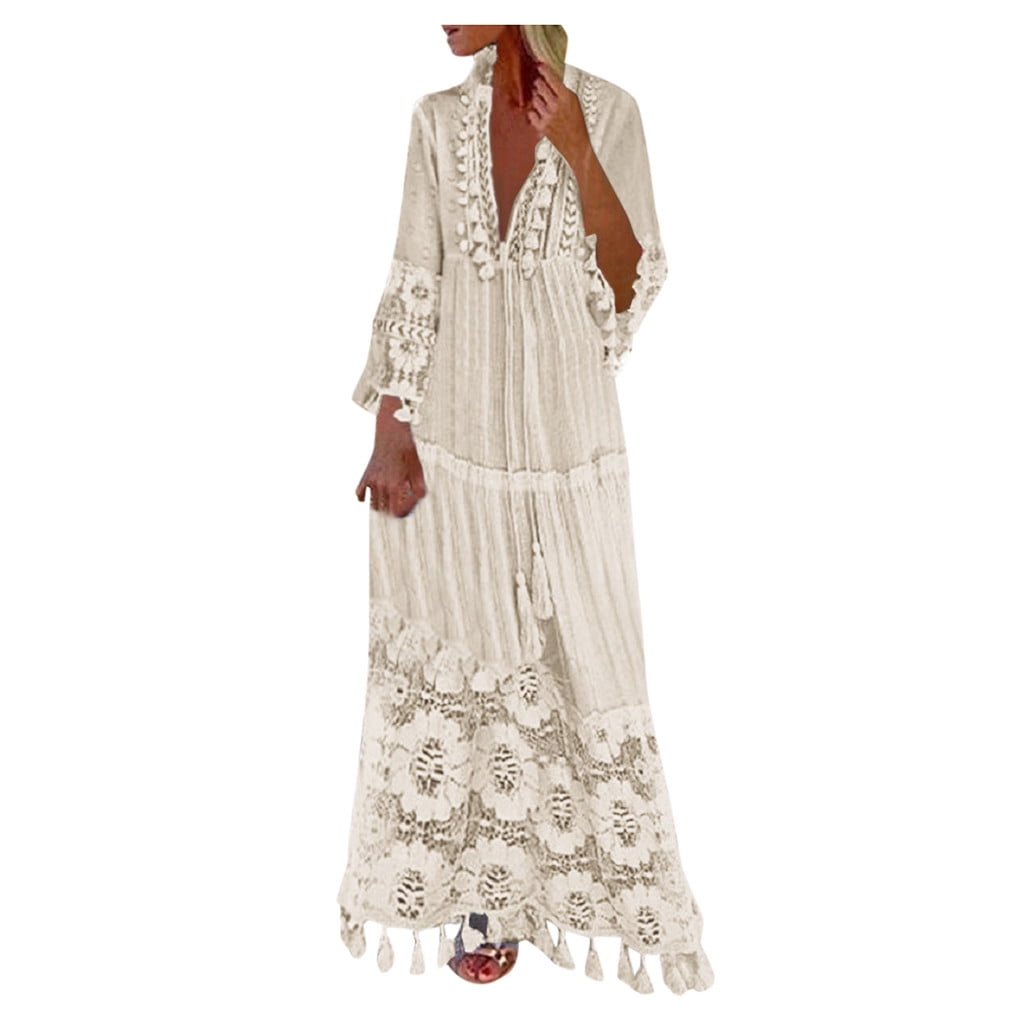 Patlollav Clearance Womens Bohemian Lace Long Dress White Beach Dress Short  Sleeve Off-The-Shoulder Dress 