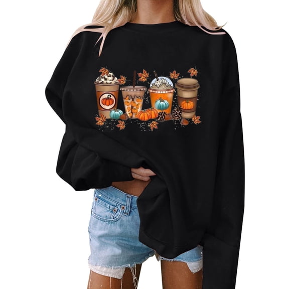 Patlollav Halloween Sweatshirts,Women Pumpkin Coffee Graphic Fall Crewneck Shirt