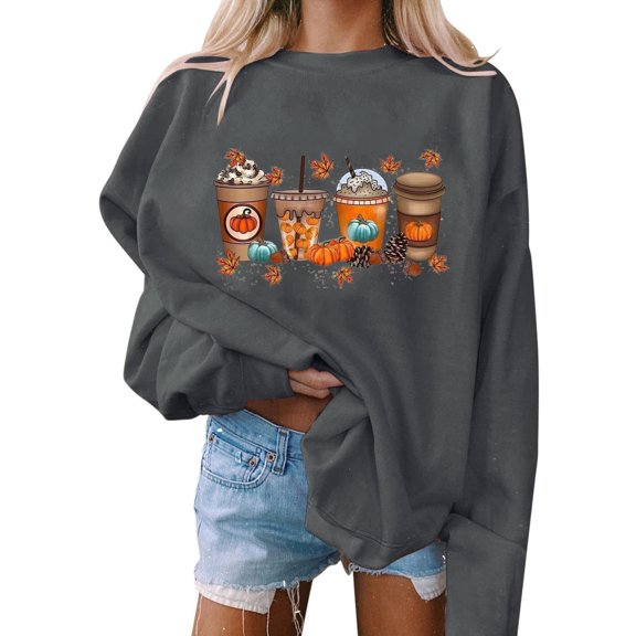 Patlollav Halloween Sweatshirts,Women Pumpkin Coffee Graphic Fall Crewneck Shirt