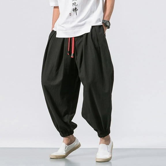 Patlollav Mens Fashion Casual Loose Solid Color Harem Pants Wide Leg Elasticated Pants