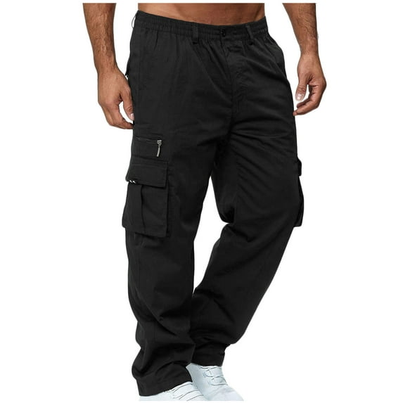Patlollav Mens Pants Solid Multiple Pockets Outdoor Straight Type Fitness Pants Cargo Trousers