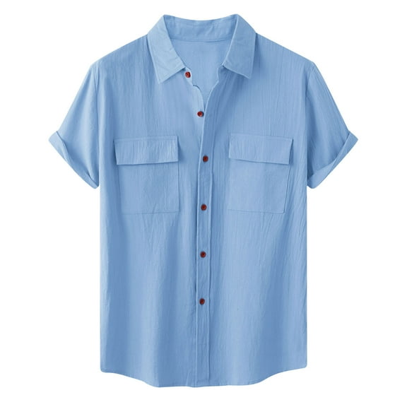 Patlollav Mens Shirt Casual Solid Buttons Beach Double Pocket Turndown Short Sleeve Blouse Tops