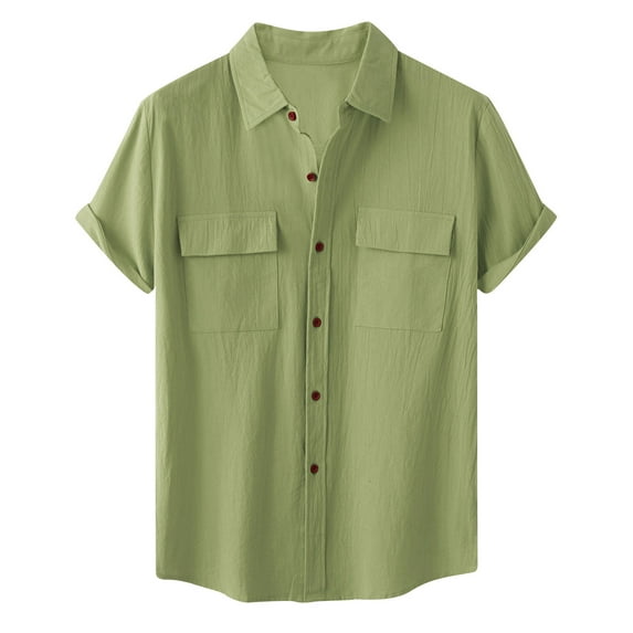 Patlollav Mens Shirt Casual Solid Buttons Beach Double Pocket Turndown Short Sleeve Blouse Tops