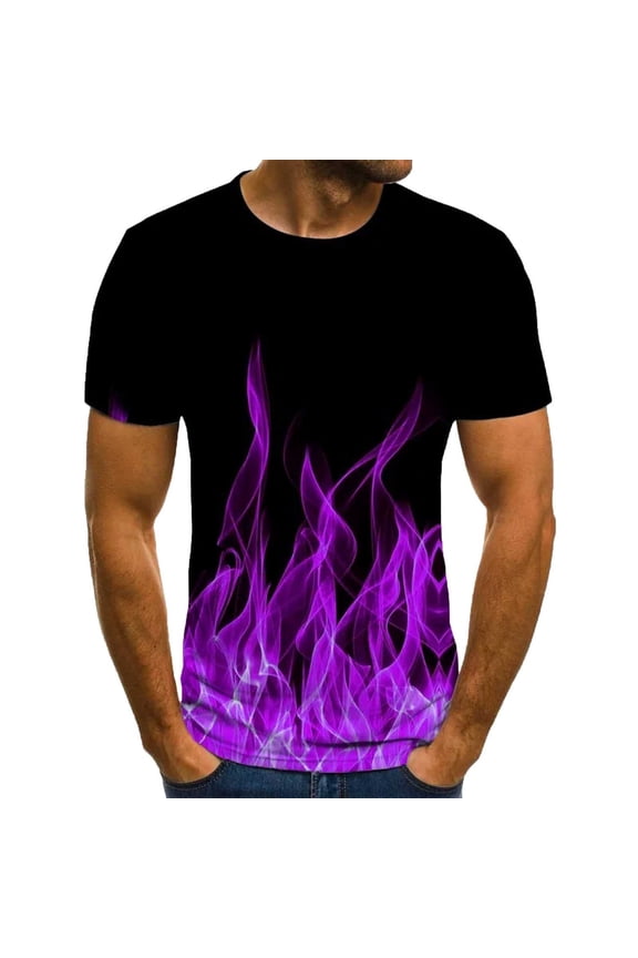 Patlollav Mens T-Shirt Short Sleeve Flame Print Round Neck Pullover Blouse