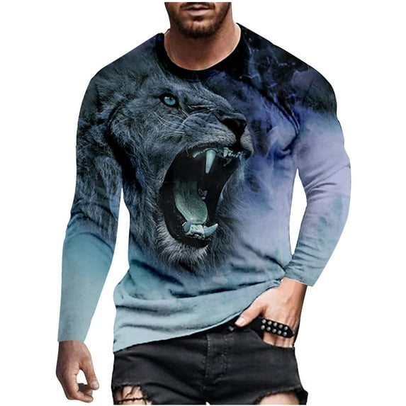Patlollav Mens Tops Fashion Casual Round Neck Pullover Print Long Sleeve T-Shirt Blouse