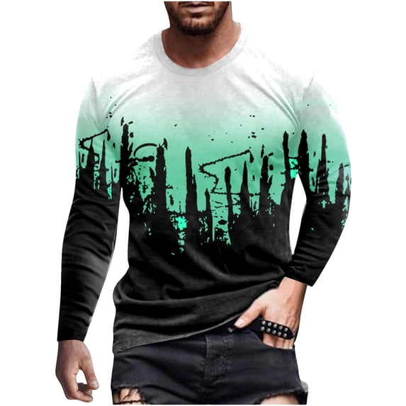 Patlollav Mens Tops Fashion Casual Round Neck Pullover Print Long Sleeve T-Shirt Blouse
