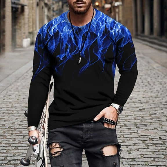 Patlollav Mens Tops Flame Print Round Neck Long Sleeve T-Shirt