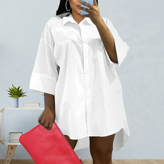 Patlollav Shirt Dress Womens 3/4 Sleeve Turndown Collar Solid Casual Loose Dresses