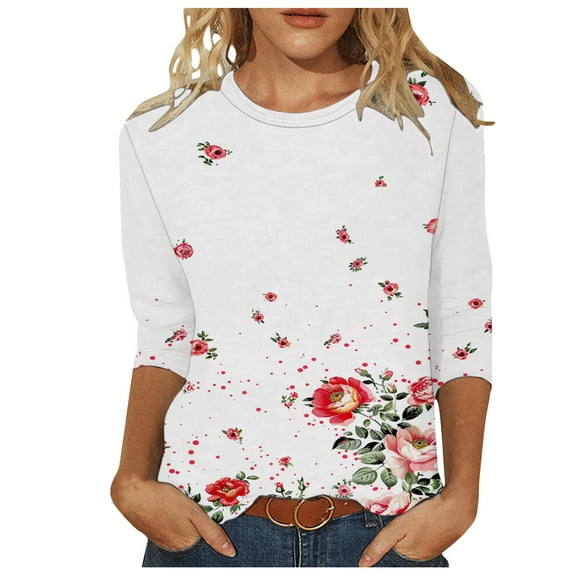 Patlollav Shirts for Women Dressy Casual Round Neck 3/4 Sleeve Printed T-Shirt Tops S-3XL