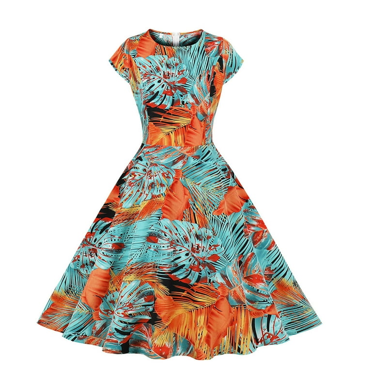 Patlollav Clearance Summer Dresses for Womens Beach Floral Print Short  Sleeve Swing Dress 
