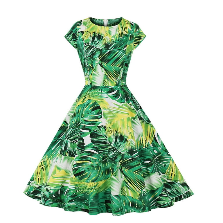 Patlollav Clearance Summer Dresses for Womens Beach Floral Print Short  Sleeve Swing Dress 