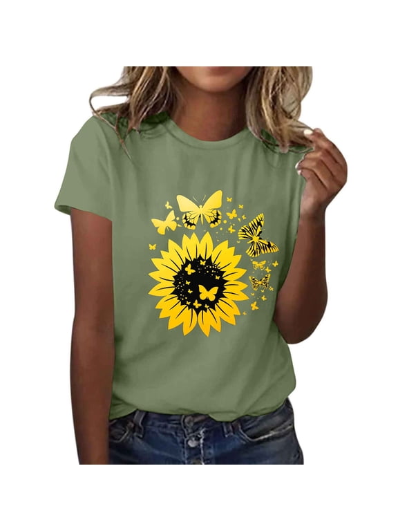 Tops for Womens Casual Print Round Neck Pullovers Short Sleeve Blouse T-Shirt