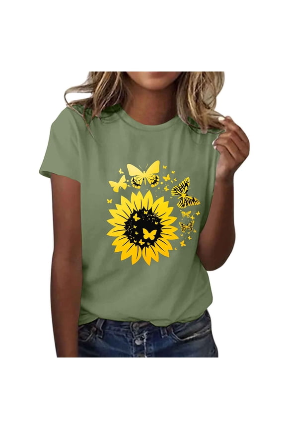 Patlollav Tops for Womens Casual Print Round Neck Pullovers Short Sleeve Blouse T-Shirt