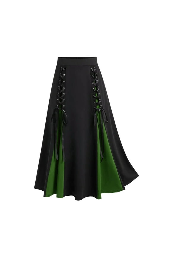 Women Plus Size Bandage Patchwork High Waist Midi Skirt Gothic Pleated Skirt