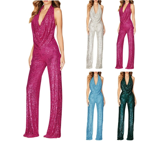 Patlollav Women Sequin Solid Color Short-Sleeve Casual Jumpsuit on Ladies