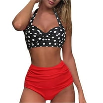 Patlollav Women Swimsuit Two Piece Retro Halter Ruched High Waist Print Bikini Set
